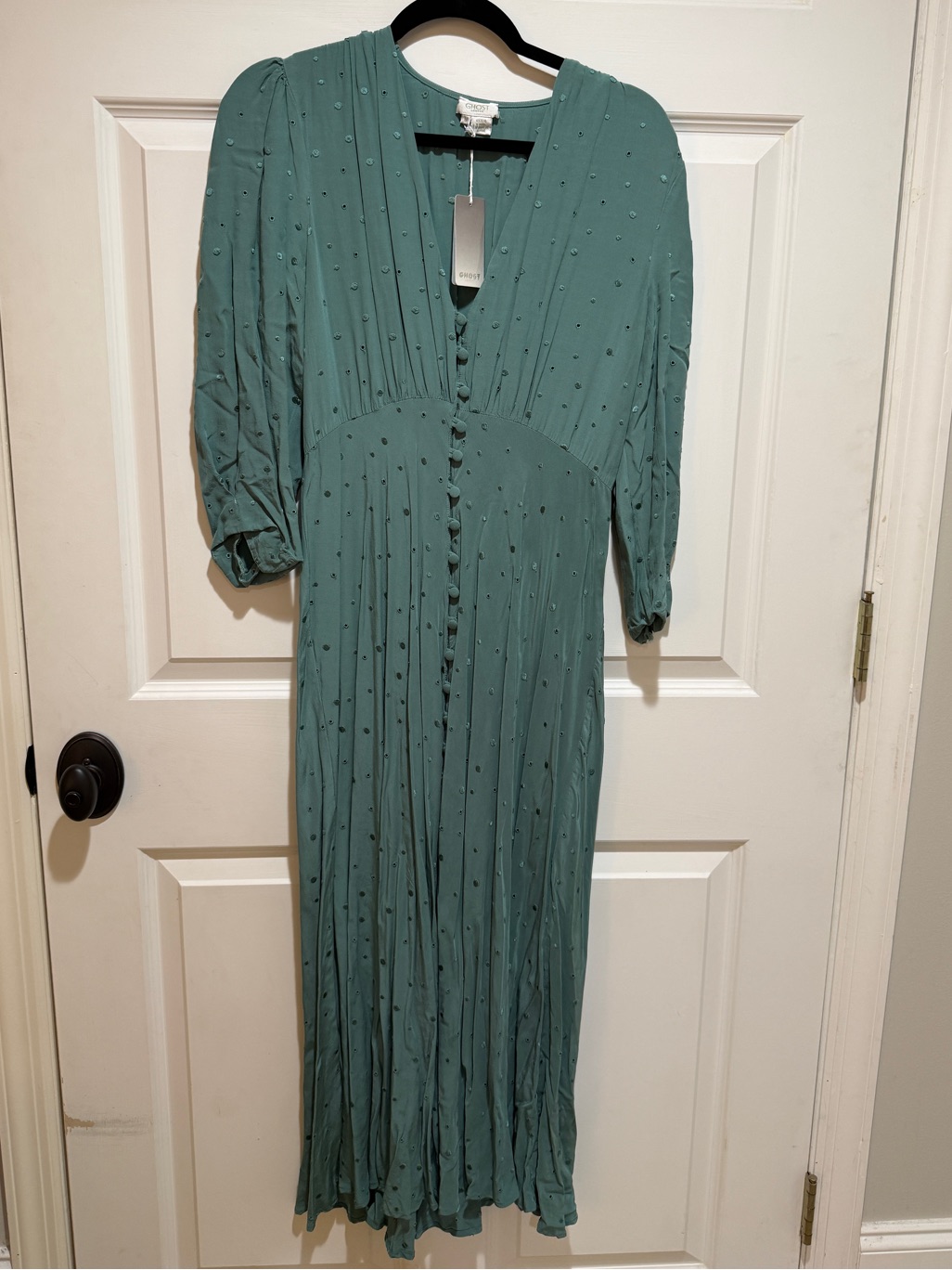 Button-Front Teal Midi Dress With Subtle Dot Texture